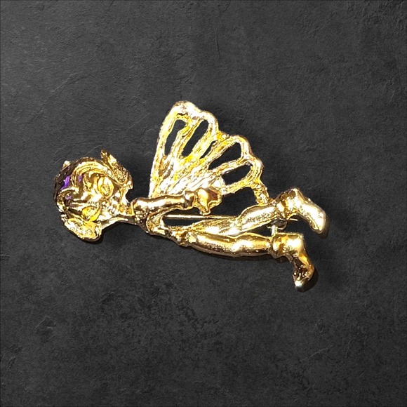 Vintage Gold Tone Fairy Brooch Flying Pixie Angel‎ Fantasy Figural Pin - Picture 2 of 5